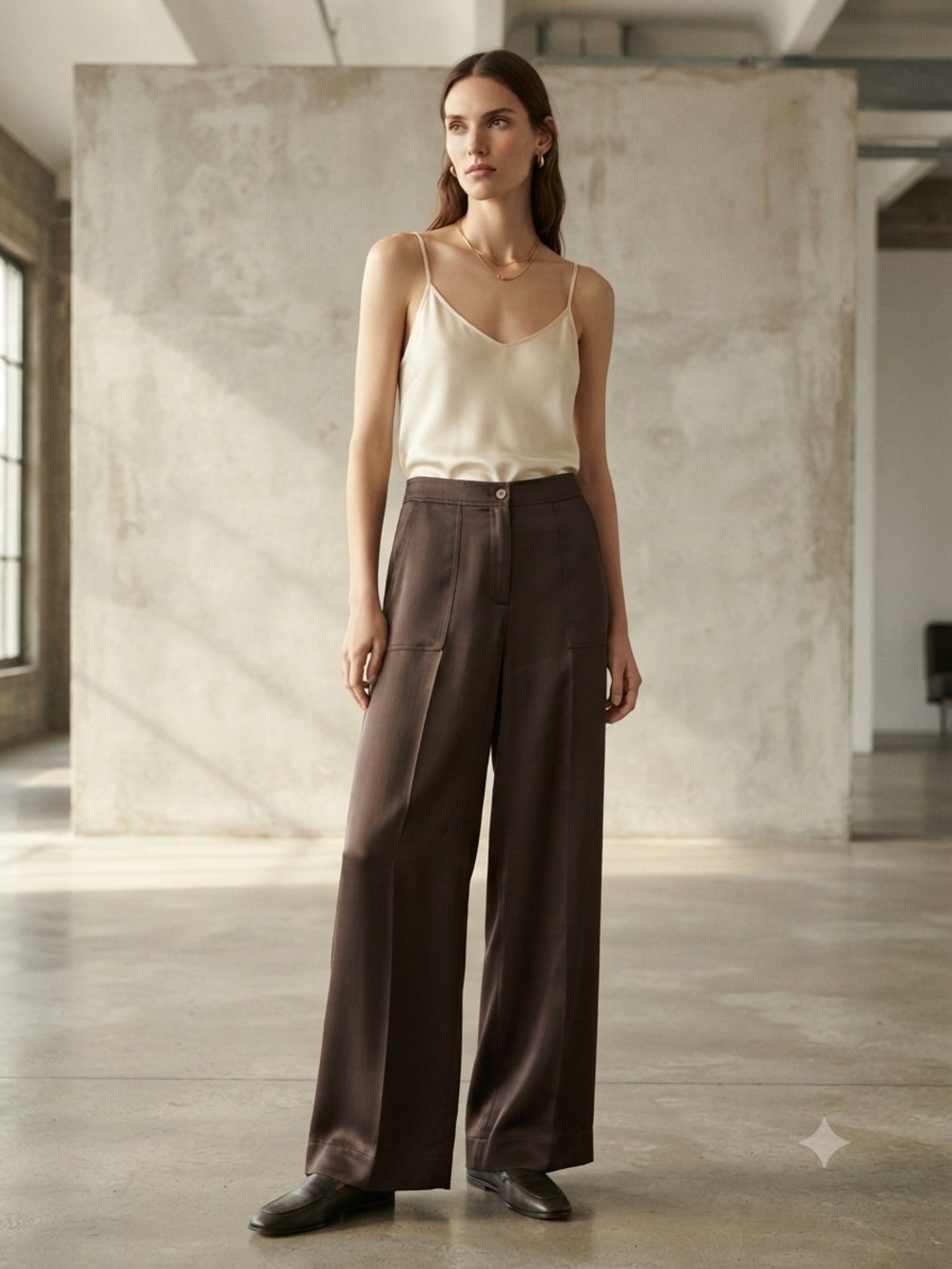 VTG High-Rise Wide Leg 100% Silk Pants in Chocolate Brown,  Size 12